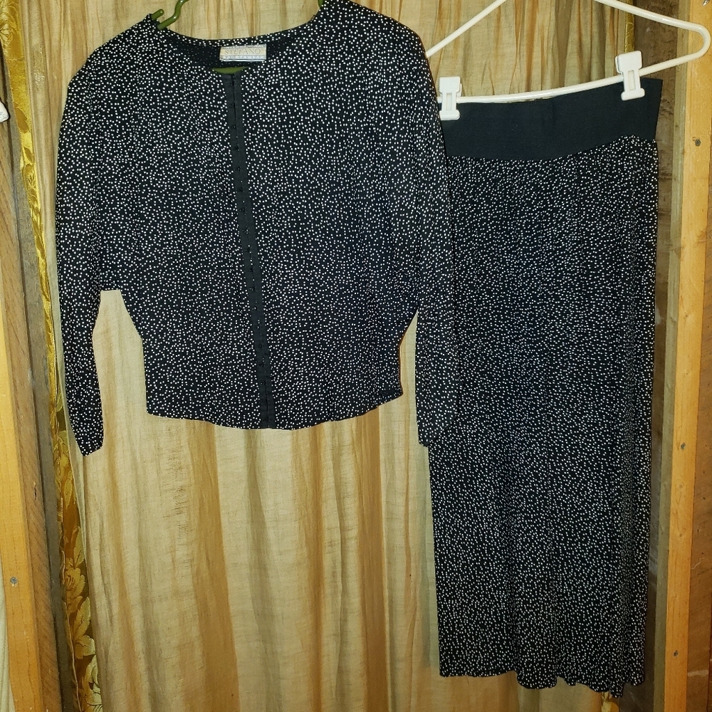 Stefano vintage 2 piece dress, black with mini white dots, size 7
